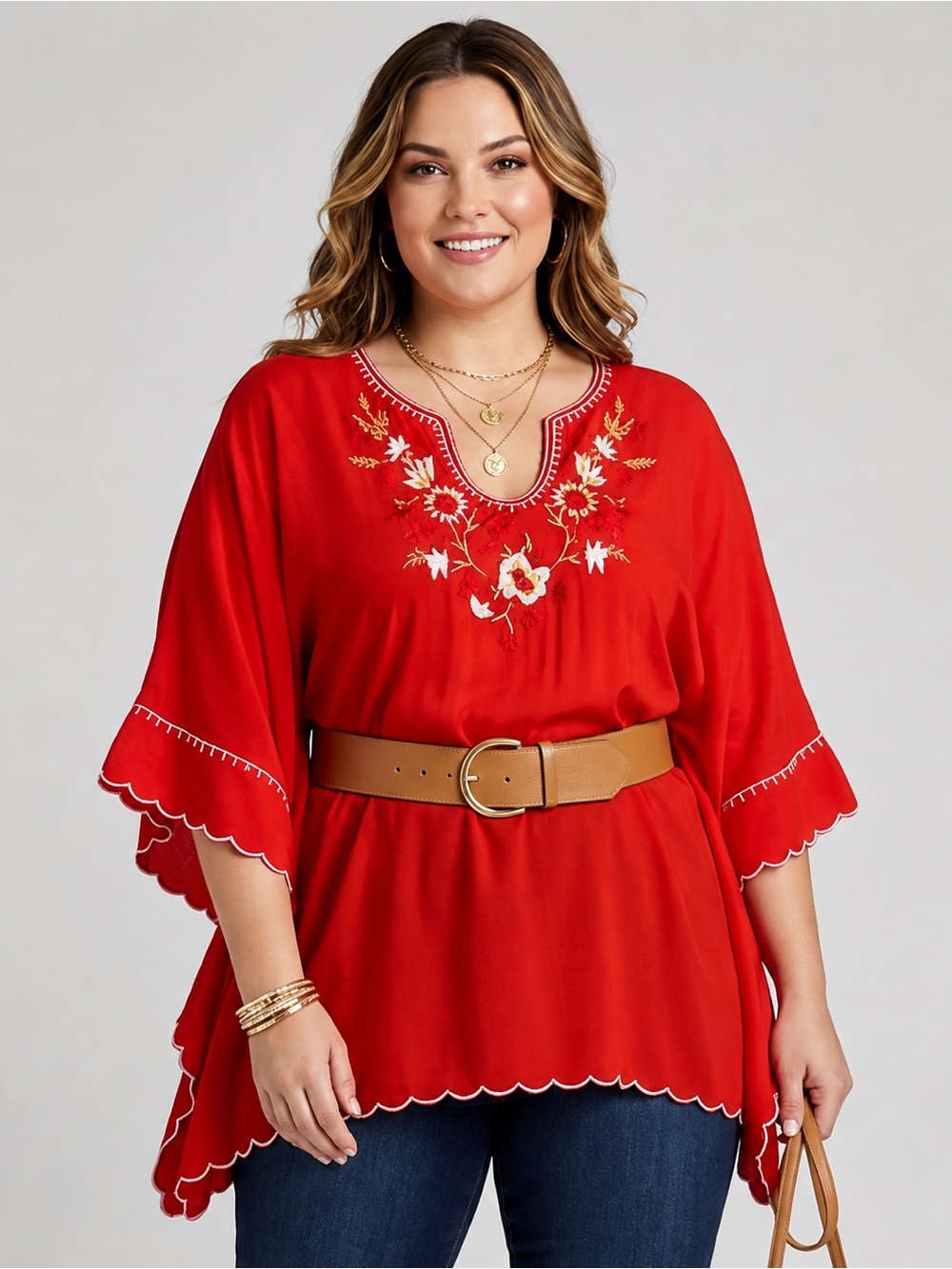 Colleen Lopez Embroidered Floral Scalloped Poncho Blouse Red 3X 648153